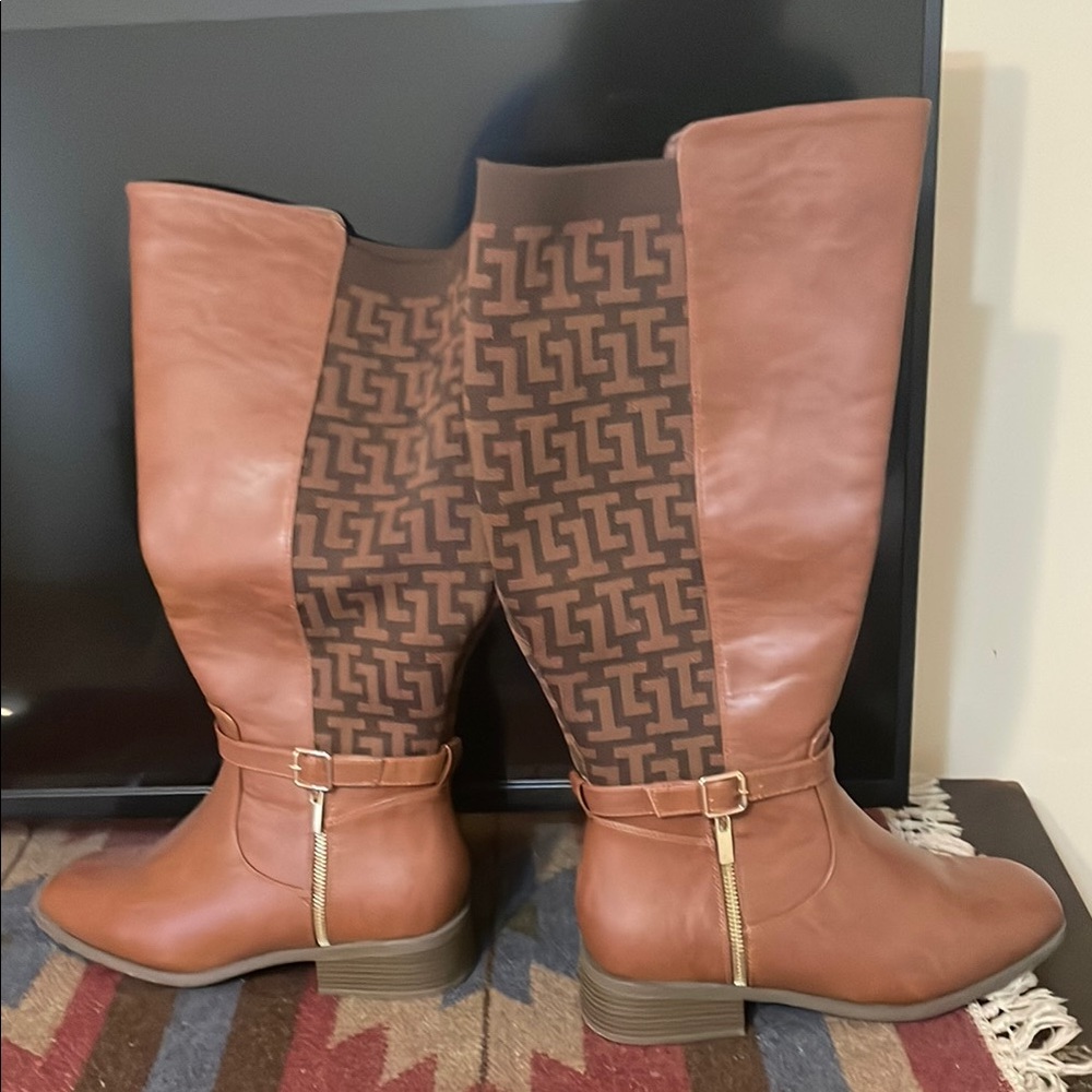 Brown Over the Knee Boots with Geometric Pattern